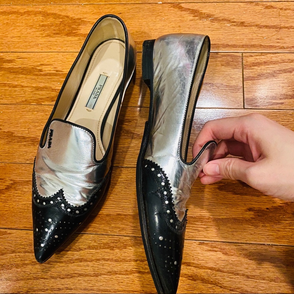 Prada metallic pointed toe brogue loafer - Picture 9 of 15